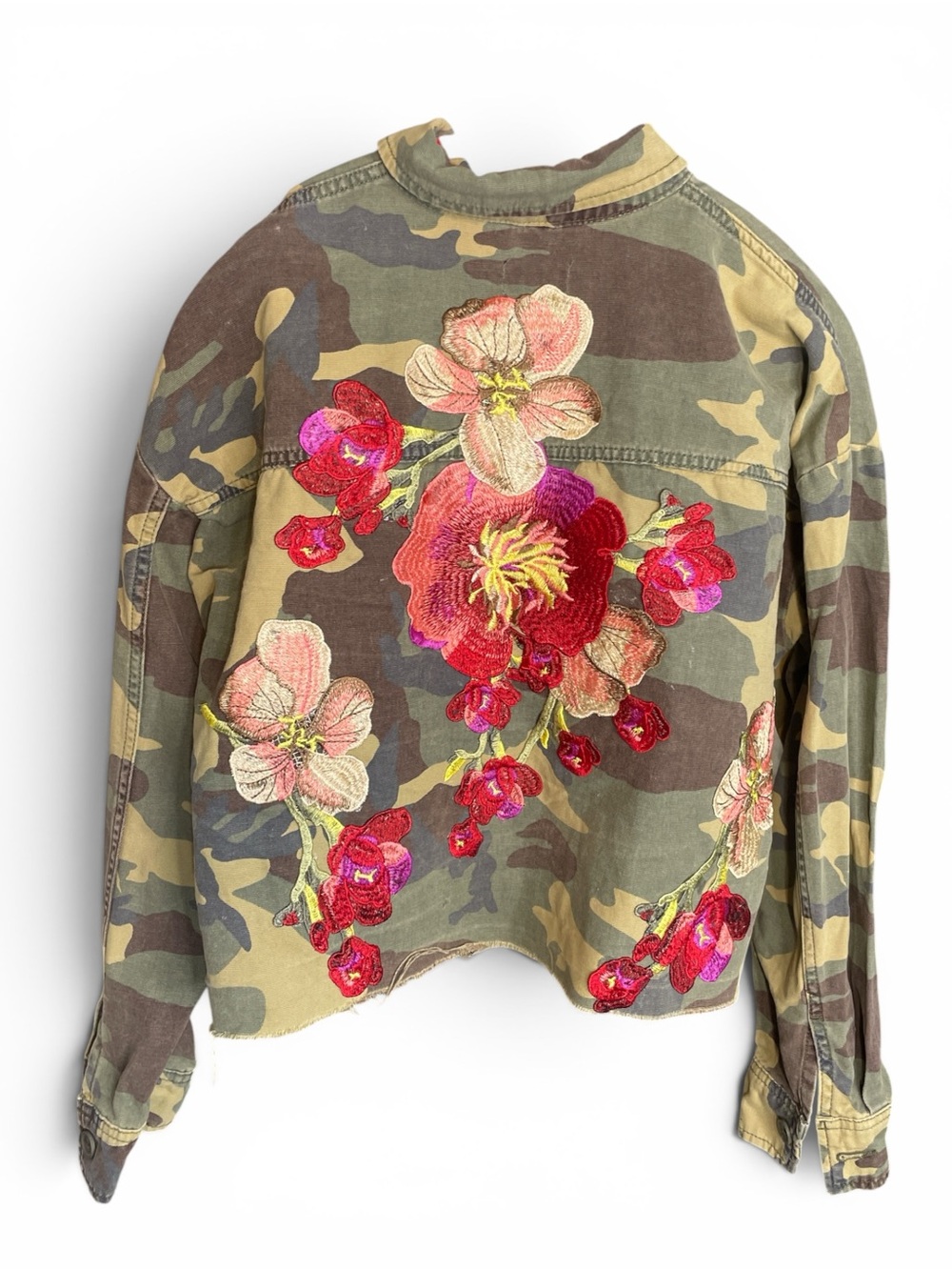 Up Cycle Embroidered Floral Camo Jacket - Camo with Pink & Red Flowers Ptp 23